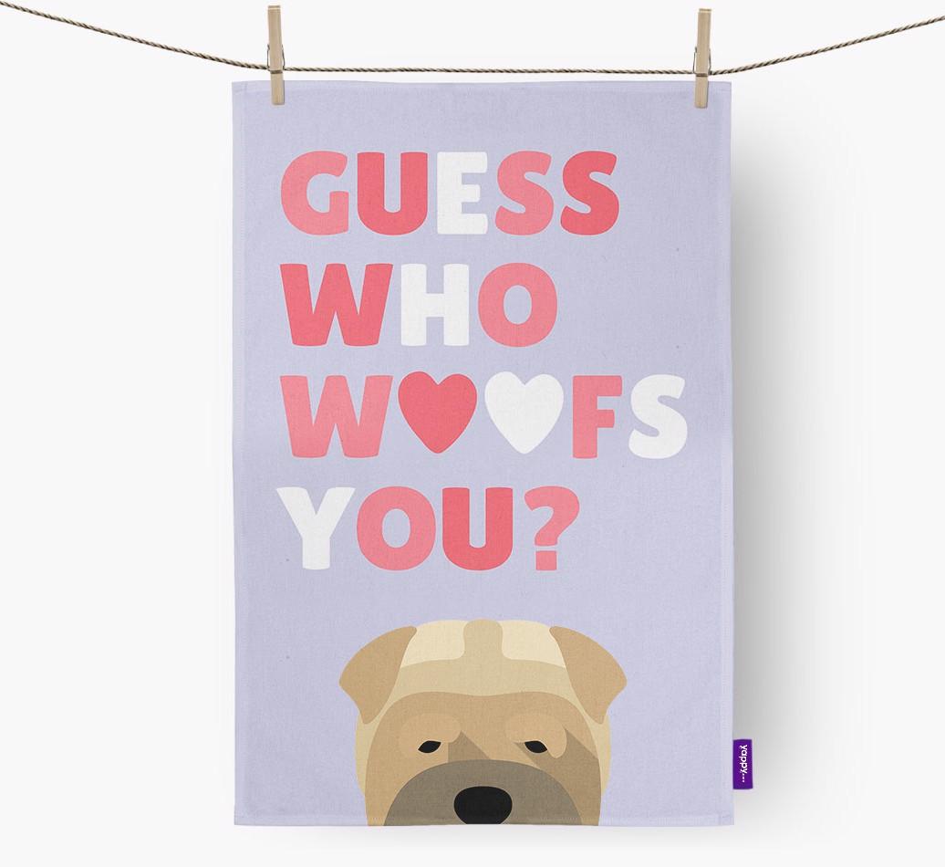 'Guess Who Woofs You?' Dish Towel with {breedFullName} Icon