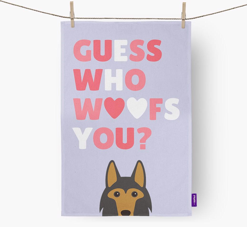 'Guess Who Woofs You?' Dish Towel with {breedFullName} Icon