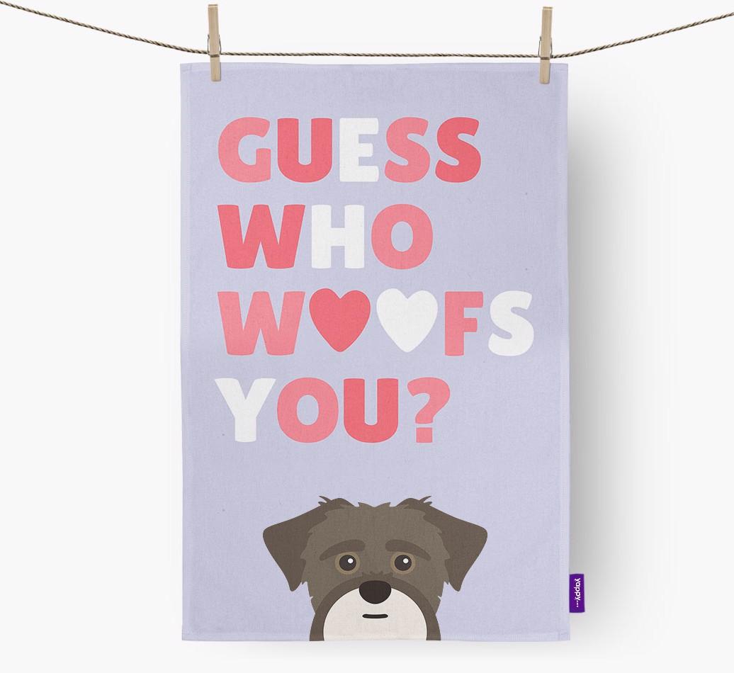 'Guess Who Woofs You?' Dish Towel with {breedFullName} Icon