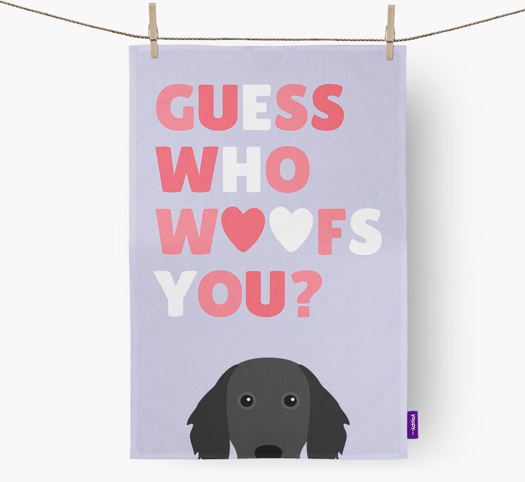 'Guess Who Woofs You?' Dish Towel with {breedFullName} Icon
