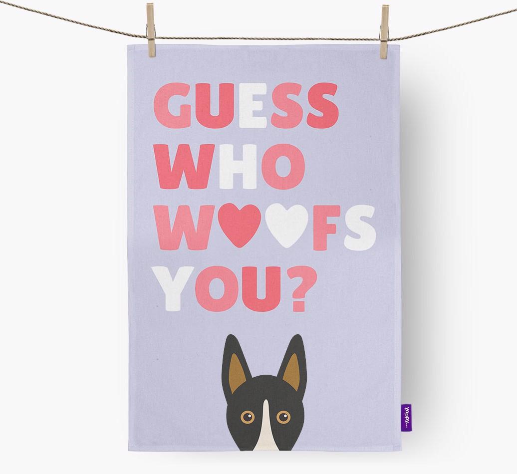 'Guess Who Woofs You?' Dish Towel with {breedFullName} Icon