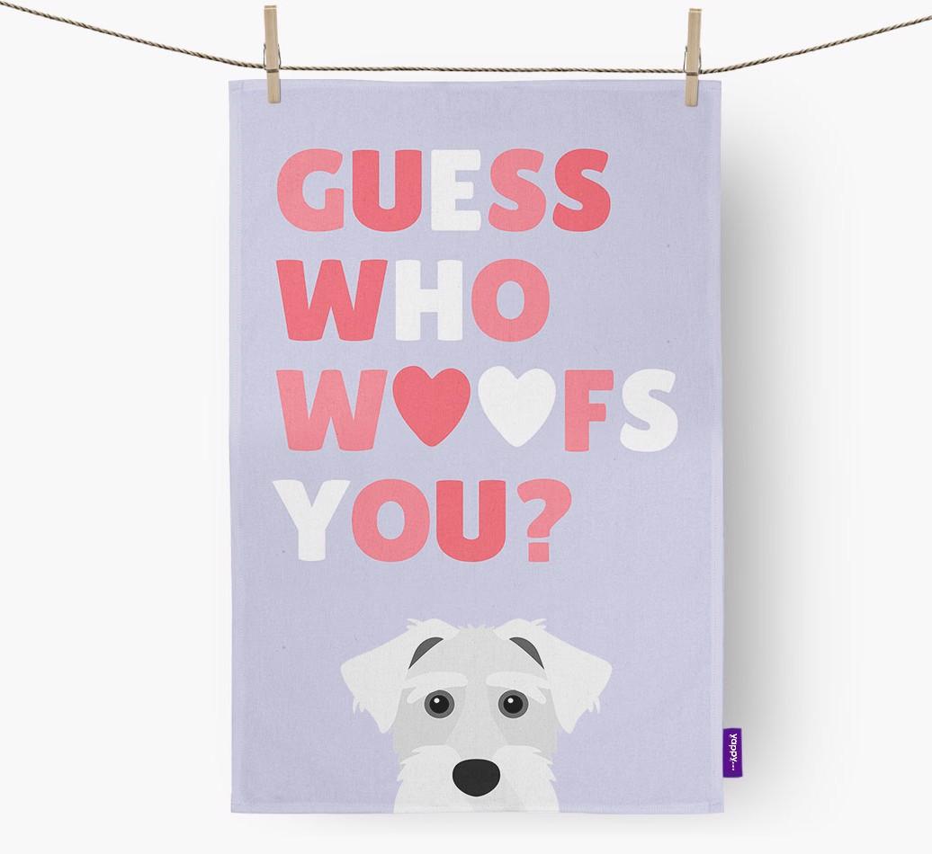 'Guess Who Woofs You?' Dish Towel with {breedFullName} Icon