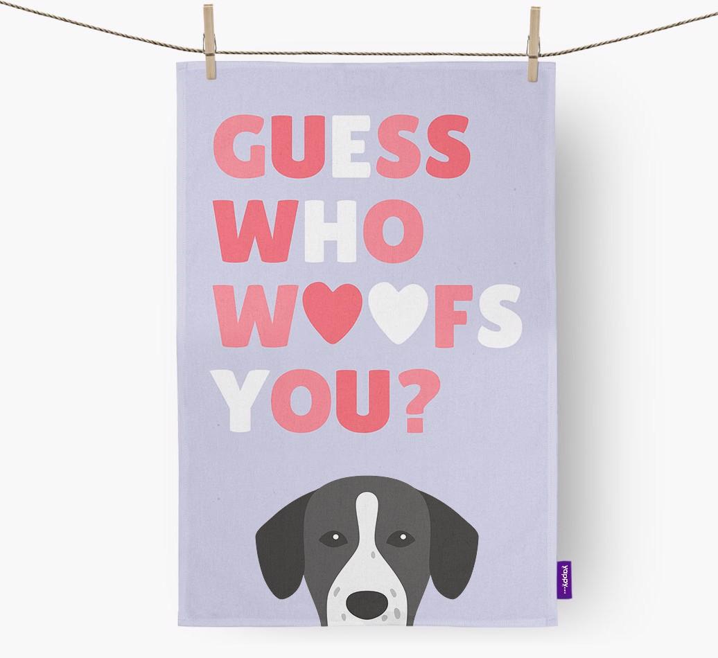 'Guess Who Woofs You?' Dish Towel with {breedFullName} Icon