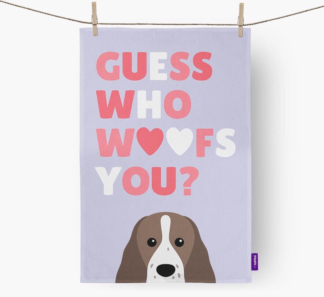 'Guess Who Woofs You?' Dish Towel with {breedFullName} Icon