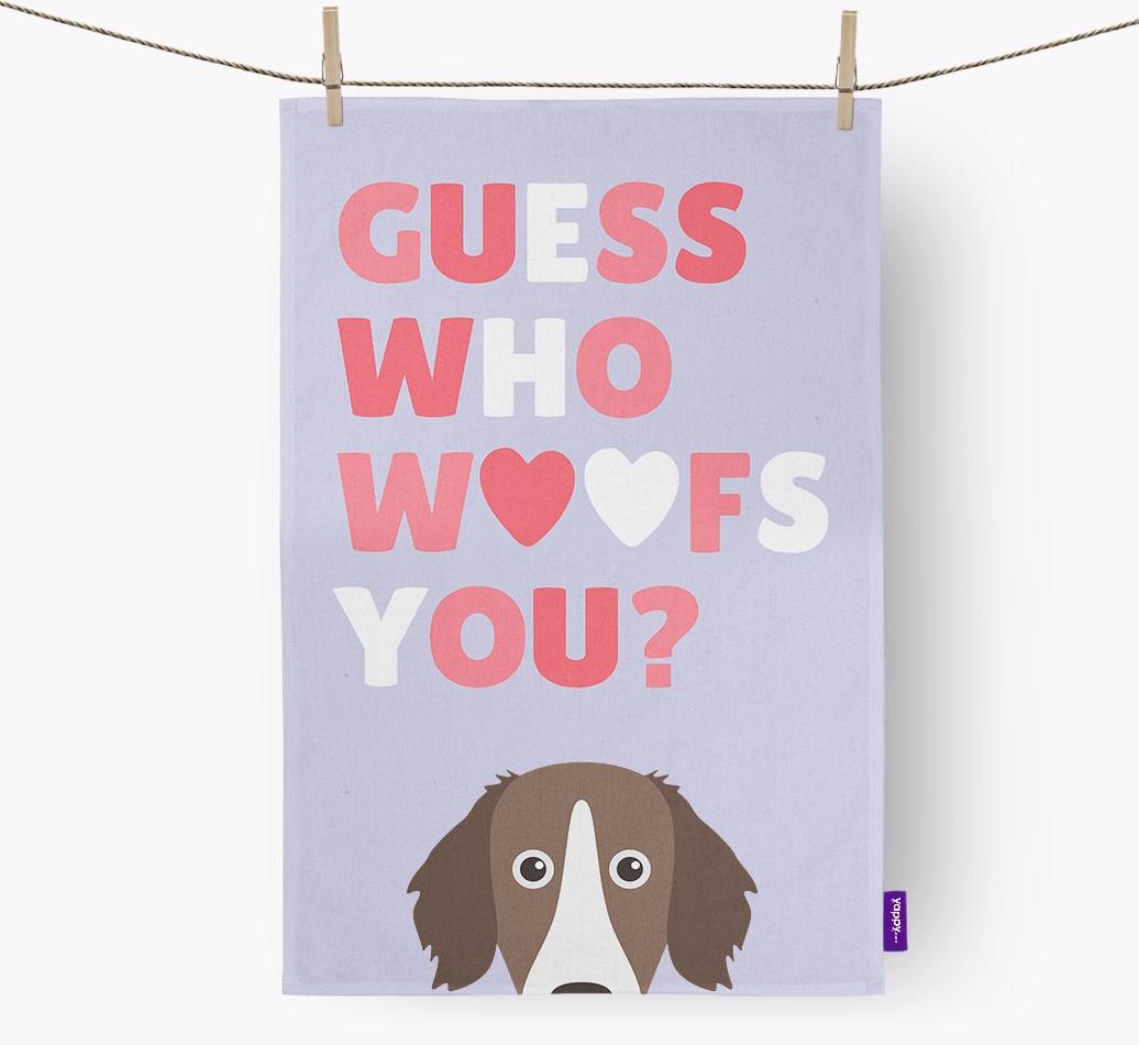 'Guess Who Woofs You?' Dish Towel with {breedFullName} Icon