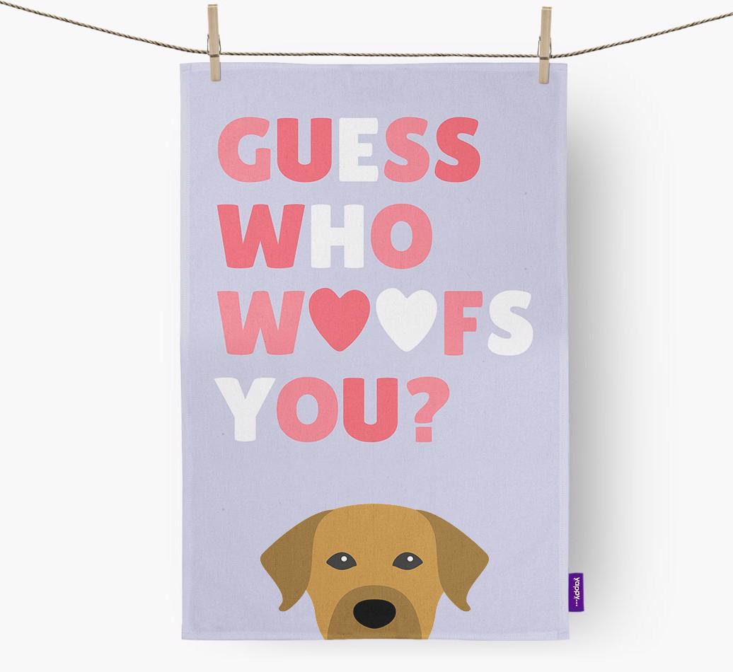 'Guess Who Woofs You?' Dish Towel with {breedFullName} Icon