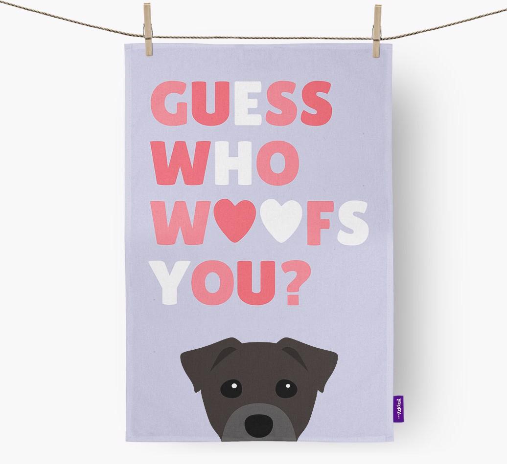 'Guess Who Woofs You?' Dish Towel with {breedFullName} Icon