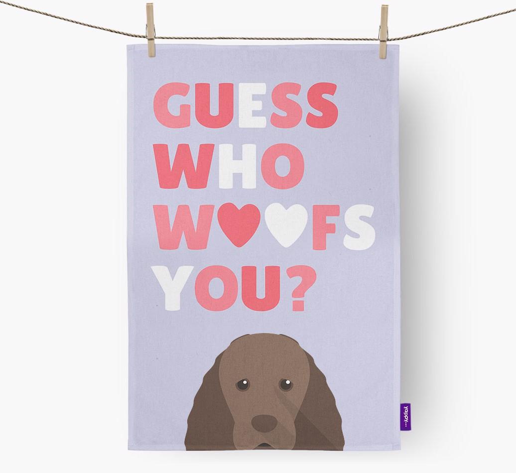 'Guess Who Woofs You?' Dish Towel with {breedFullName} Icon