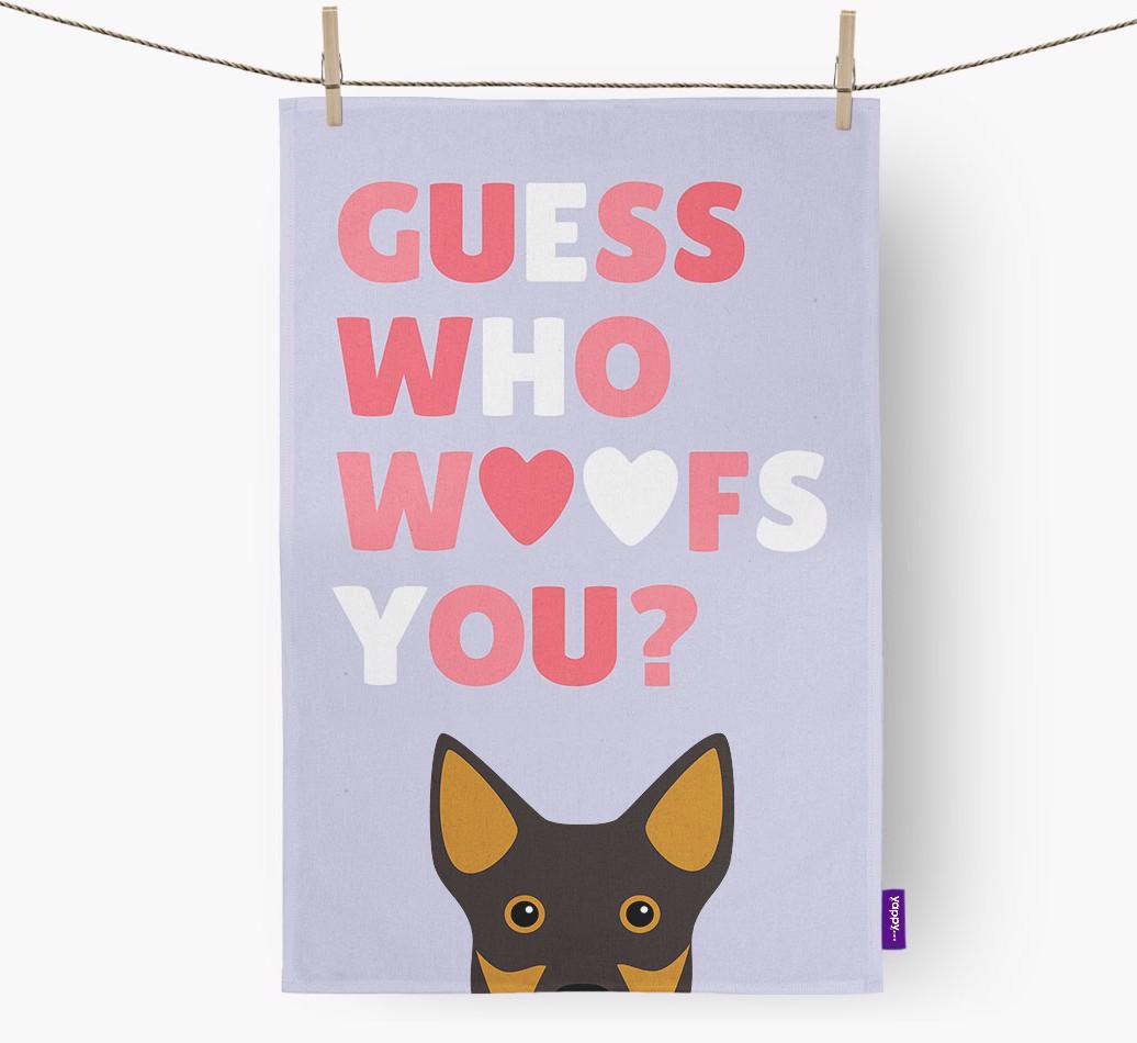 'Guess Who Woofs You?' Dish Towel with {breedFullName} Icon