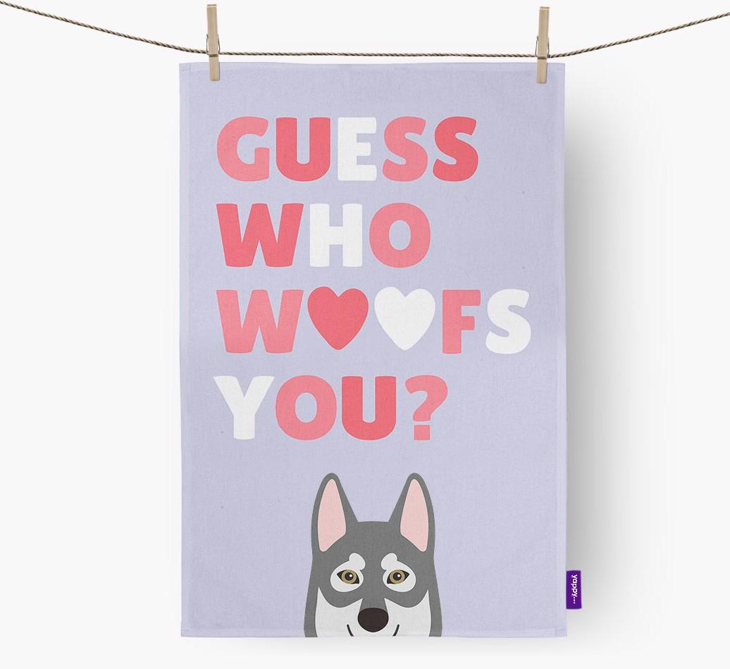 'Guess Who Woofs You?' Dish Towel with {breedFullName} Icon