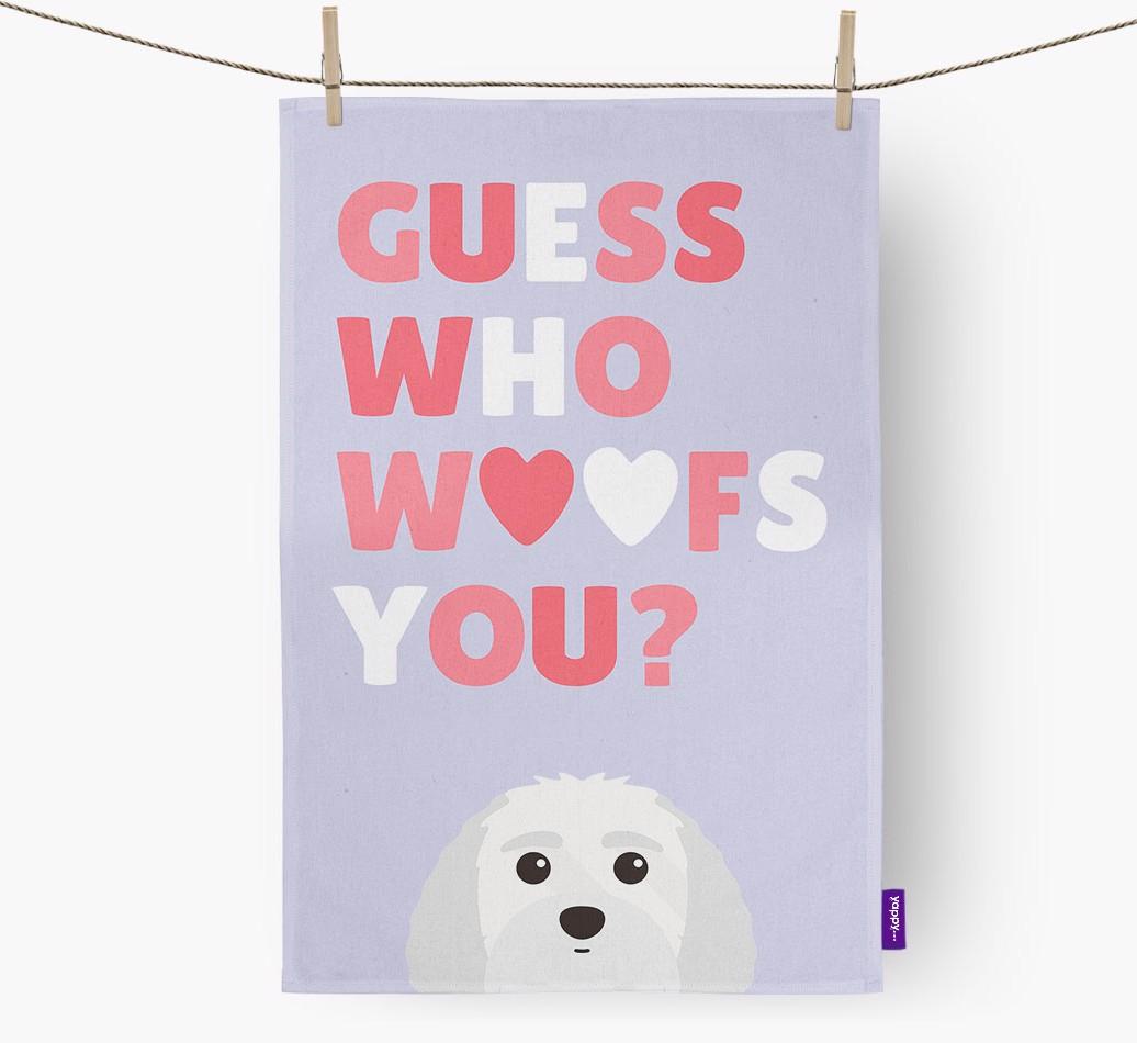 'Guess Who Woofs You?' Dish Towel with {breedFullName} Icon