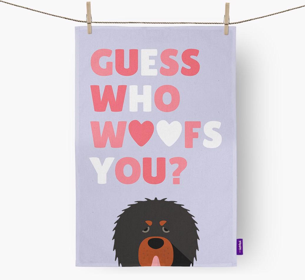 'Guess Who Woofs You?' Dish Towel with {breedFullName} Icon