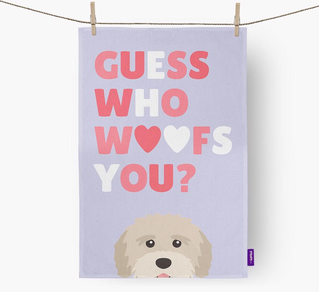 'Guess Who Woofs You?' Dish Towel with {breedFullName} Icon