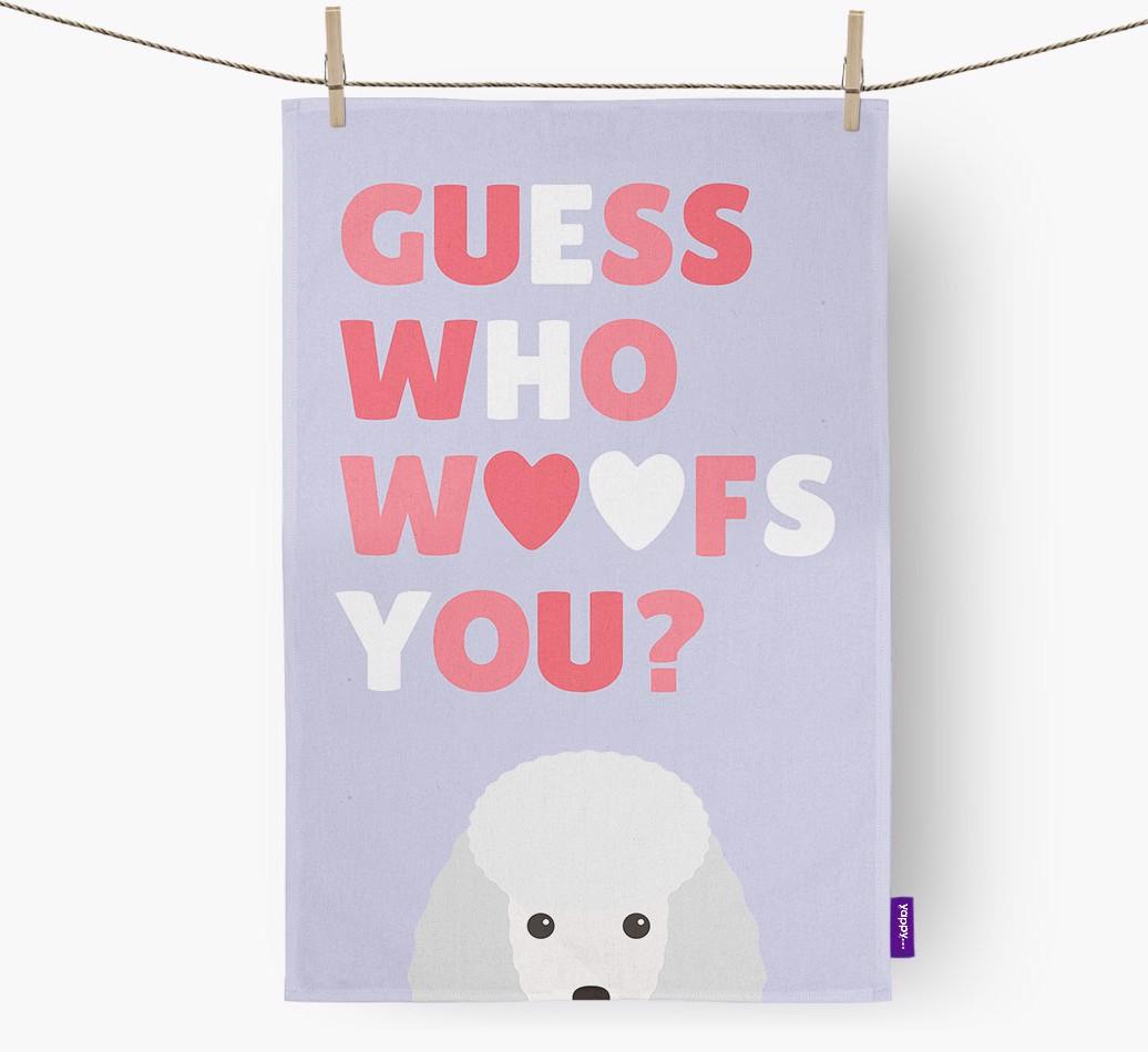 'Guess Who Woofs You?' Dish Towel with {breedFullName} Icon
