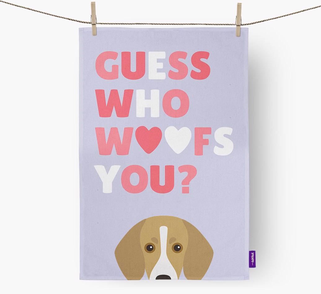 'Guess Who Woofs You?' Dish Towel with {breedFullName} Icon