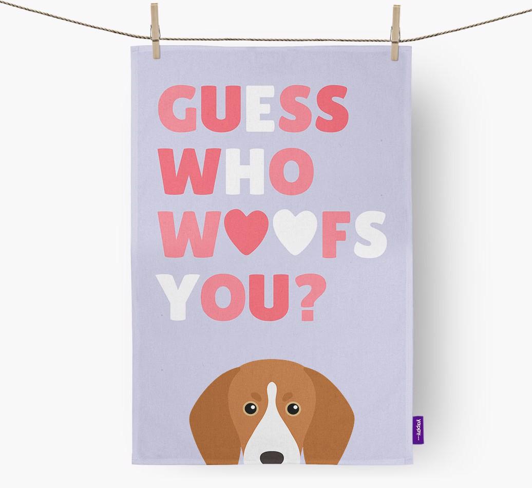 'Guess Who Woofs You?' Dish Towel with {breedFullName} Icon