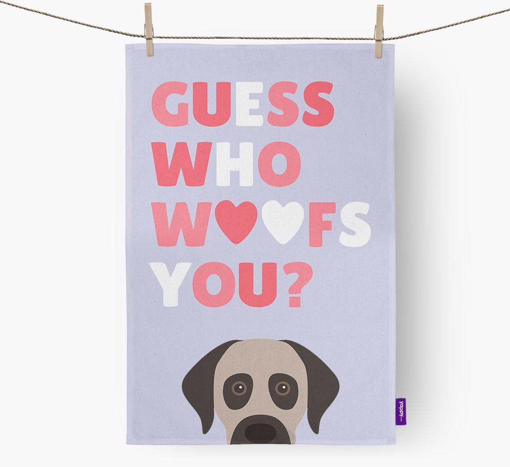 'Guess Who Woofs You?' Dish Towel with {breedFullName} Icon