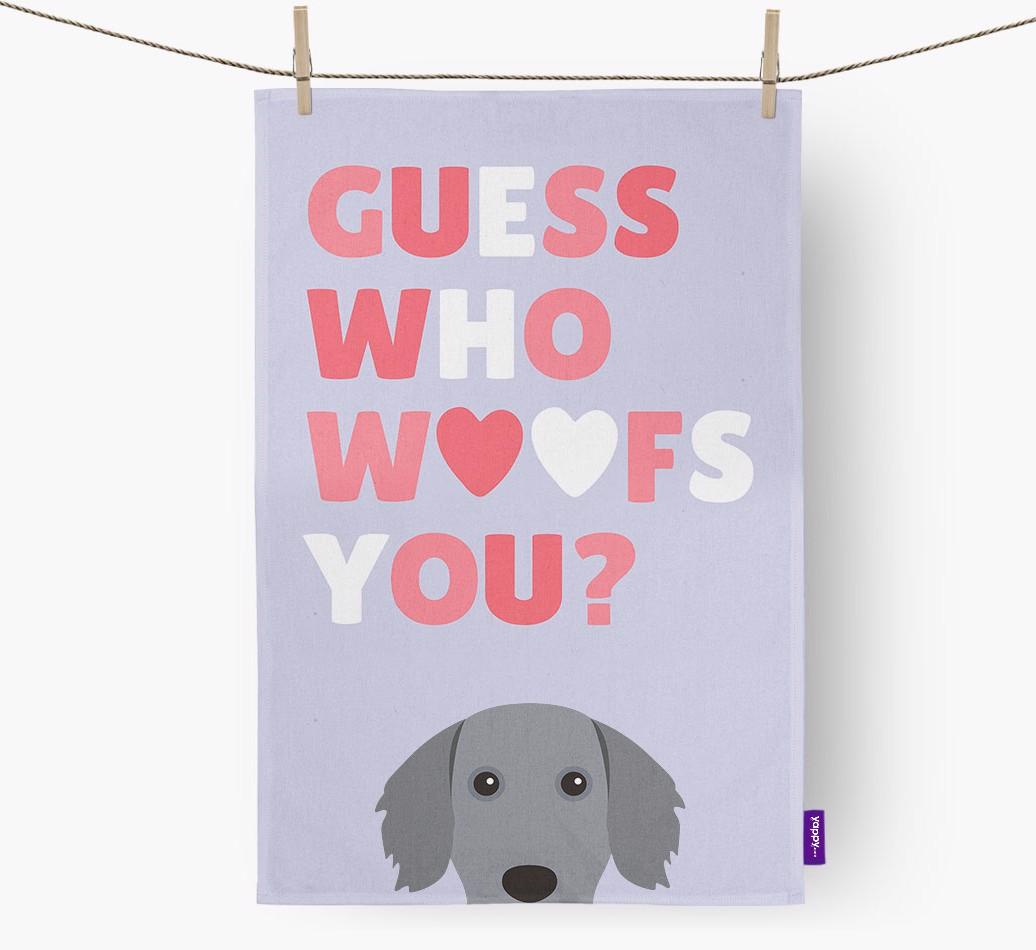 'Guess Who Woofs You?' Dish Towel with {breedFullName} Icon