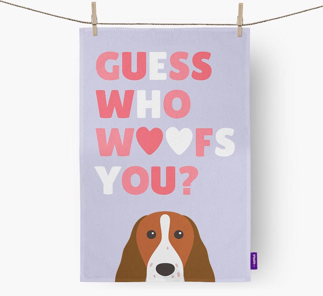 'Guess Who Woofs You?' Dish Towel with {breedFullName} Icon