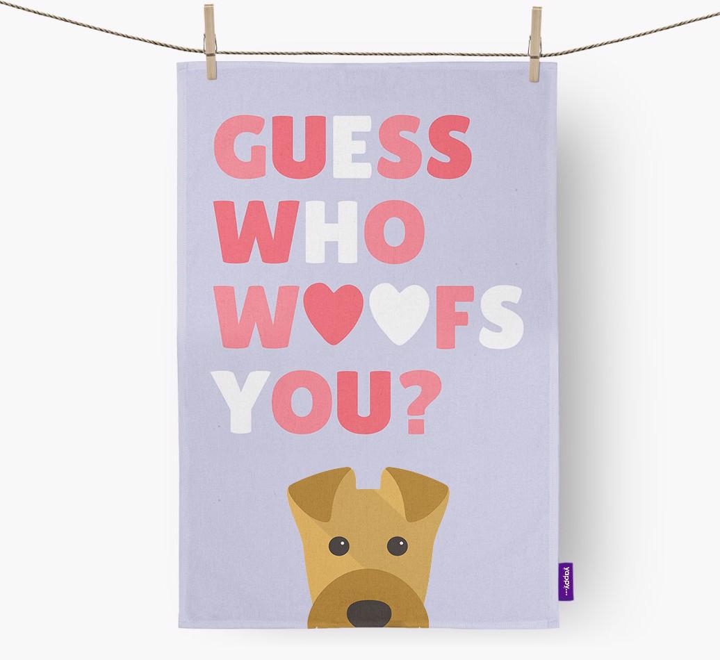 'Guess Who Woofs You?' Dish Towel with {breedFullName} Icon