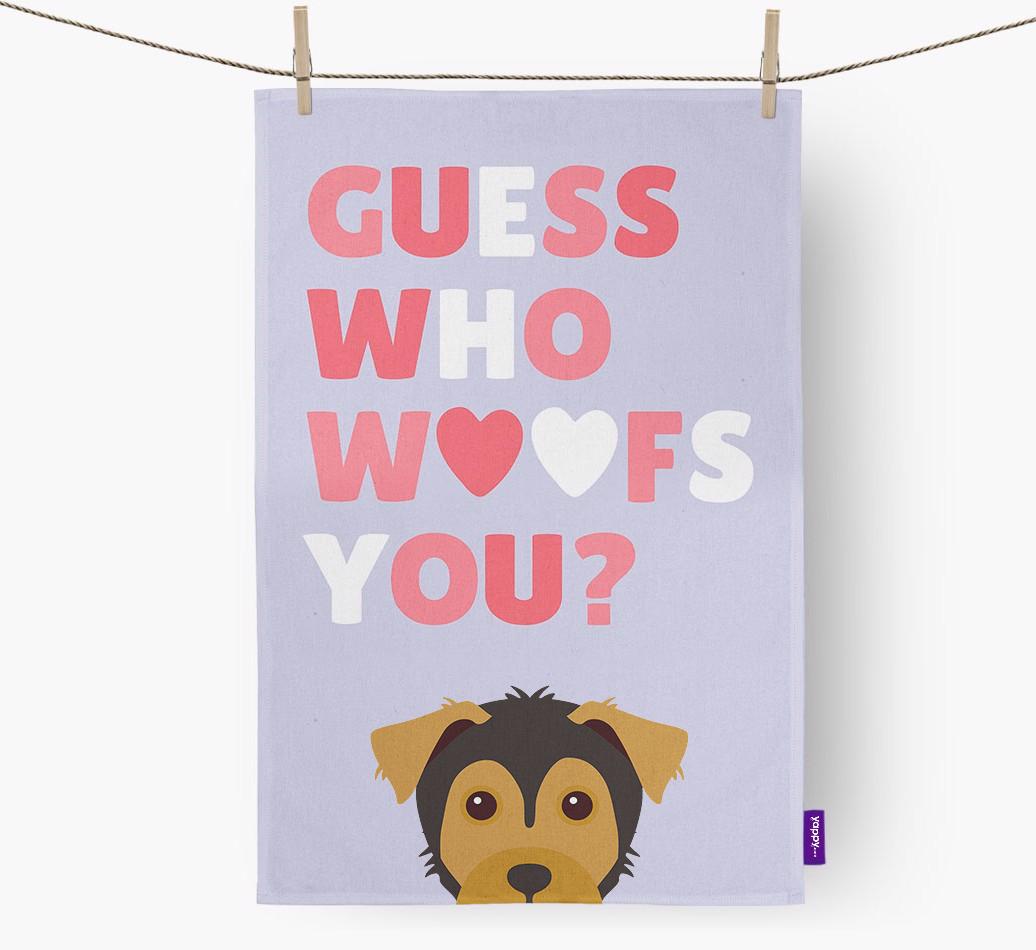 'Guess Who Woofs You?' Dish Towel with {breedFullName} Icon