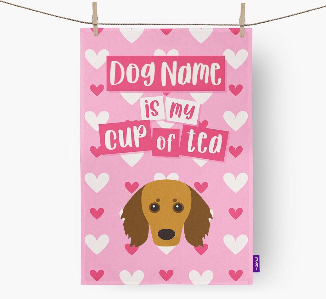 '{dogsName} is my cup of tea' Dish Towel with {breedFullName} Icon