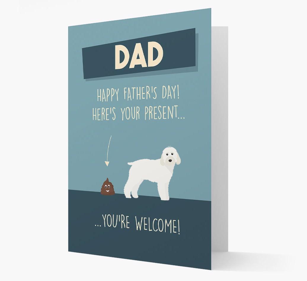 'Dad, here's your present...' Card for {breedFullName} Dad