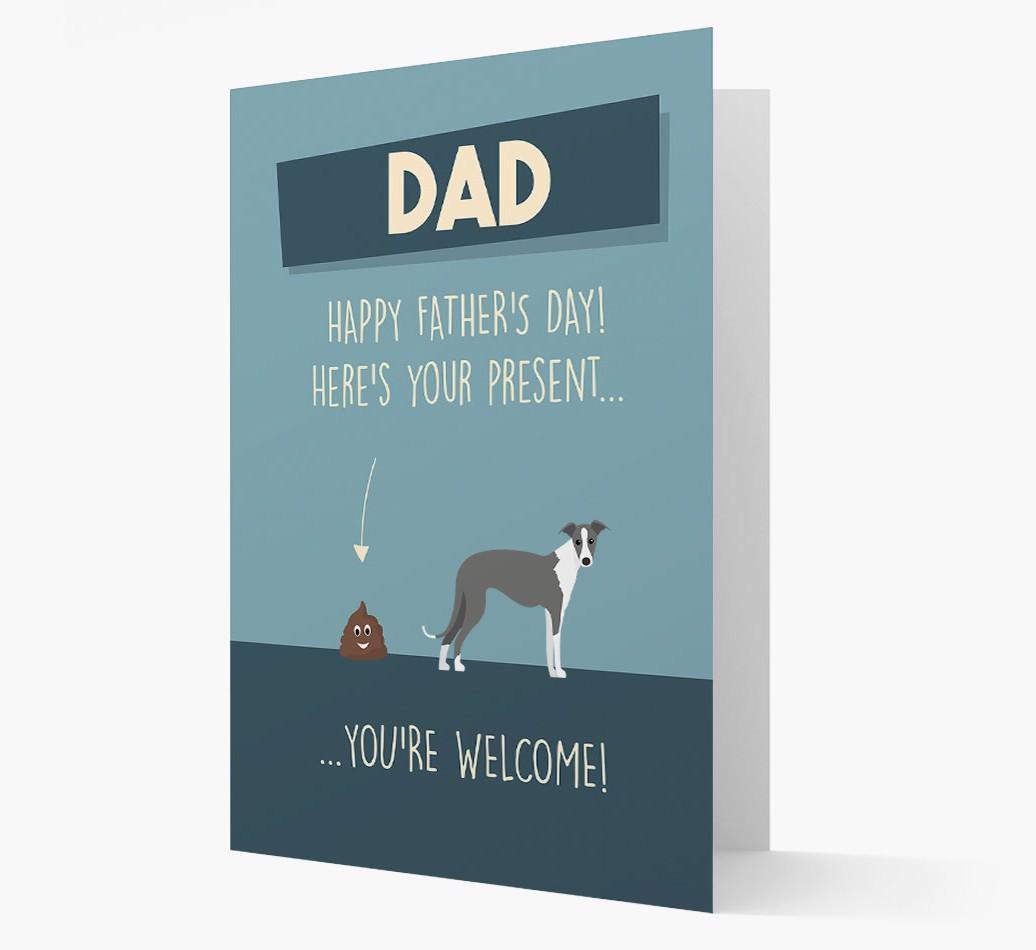 'Dad, here's your present...' Card for {breedFullName} Dad