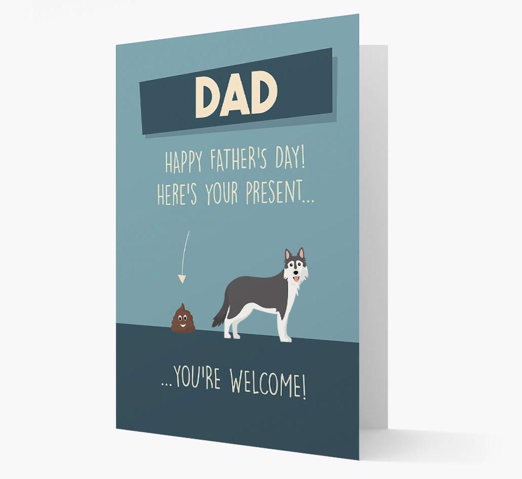 'Dad, here's your present...' Card for {breedFullName} Dad