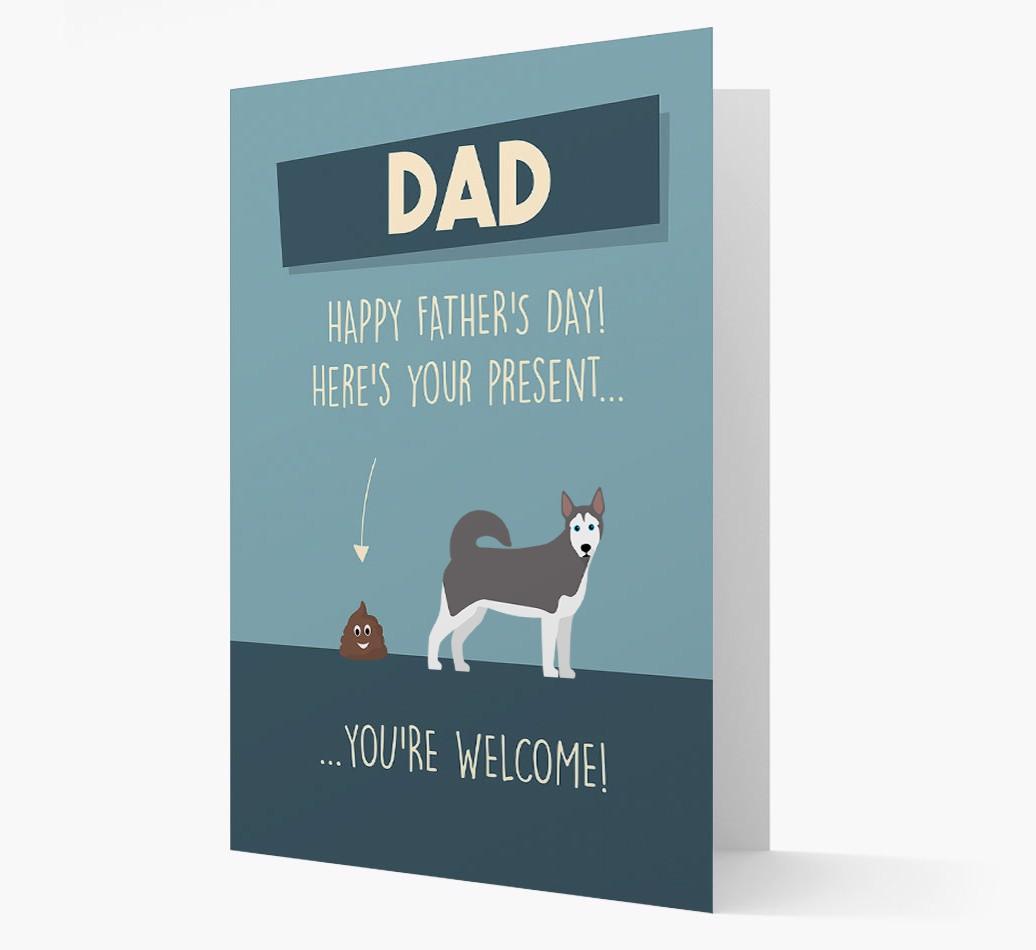 'Dad, here's your present...' Card for {breedFullName} Dad