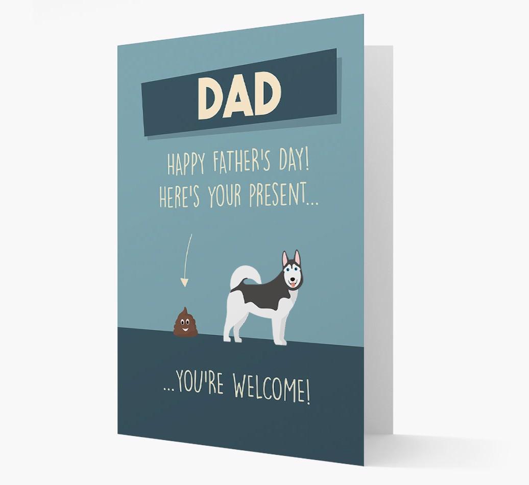 'Dad, here's your present...' Card for {breedFullName} Dad