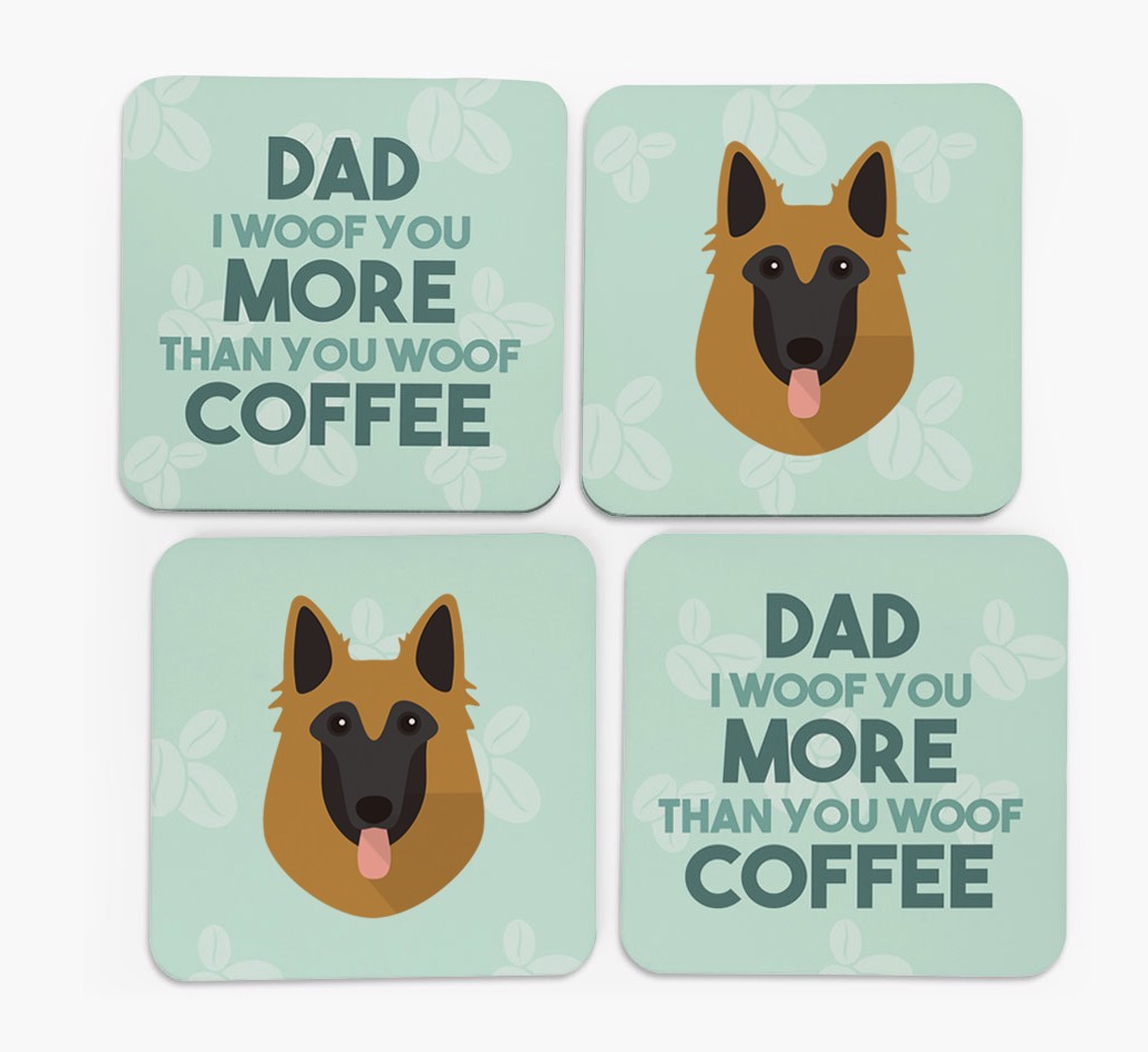 'Dad I woof you more than you woof coffee' Coasters with {breedFullName} Icon