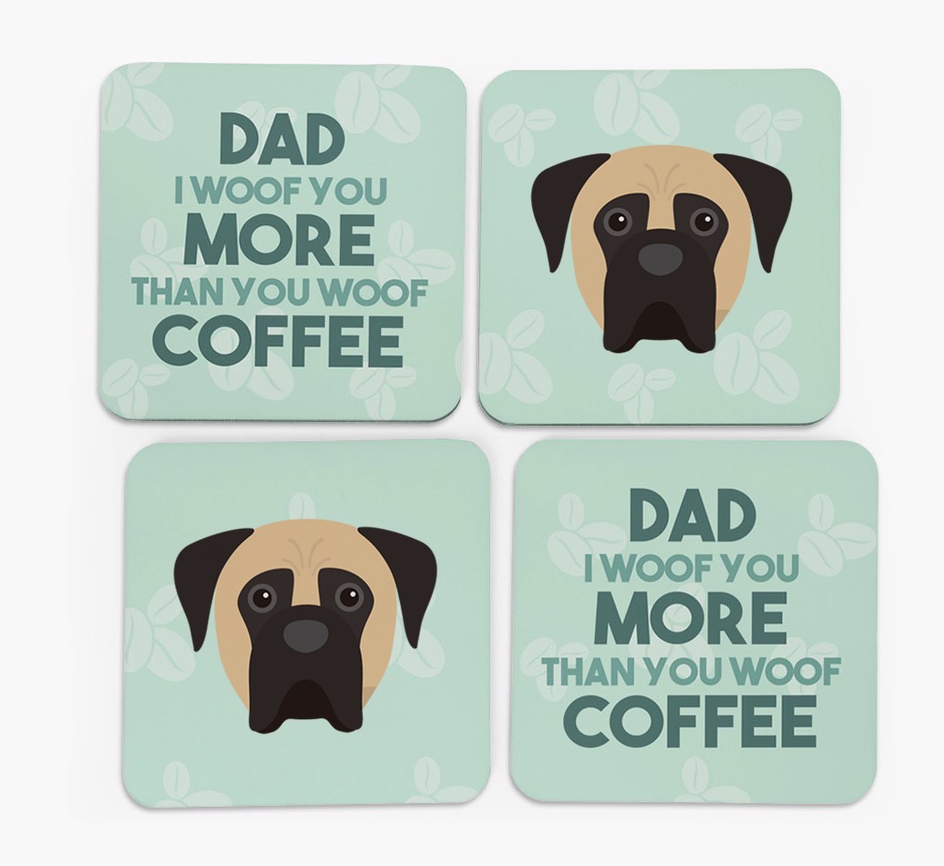 'Dad I woof you more than you woof coffee' Coasters with {breedFullName} Icon
