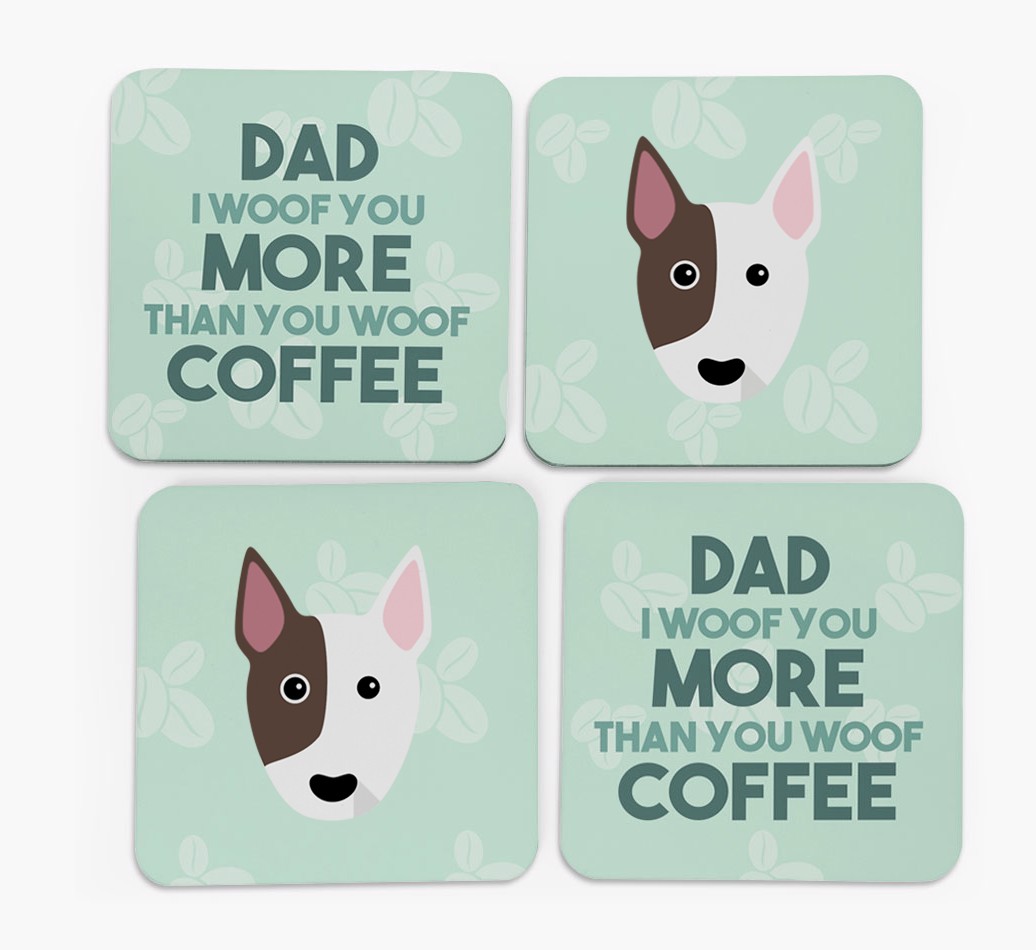 'Dad I woof you more than you woof coffee' Coasters with {breedFullName} Icon