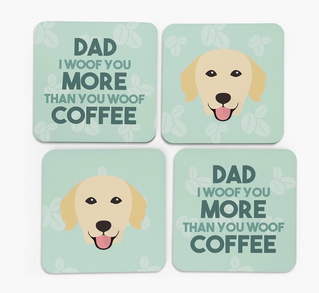 'Dad I woof you more than you woof coffee' Coasters with {breedFullName} Icon