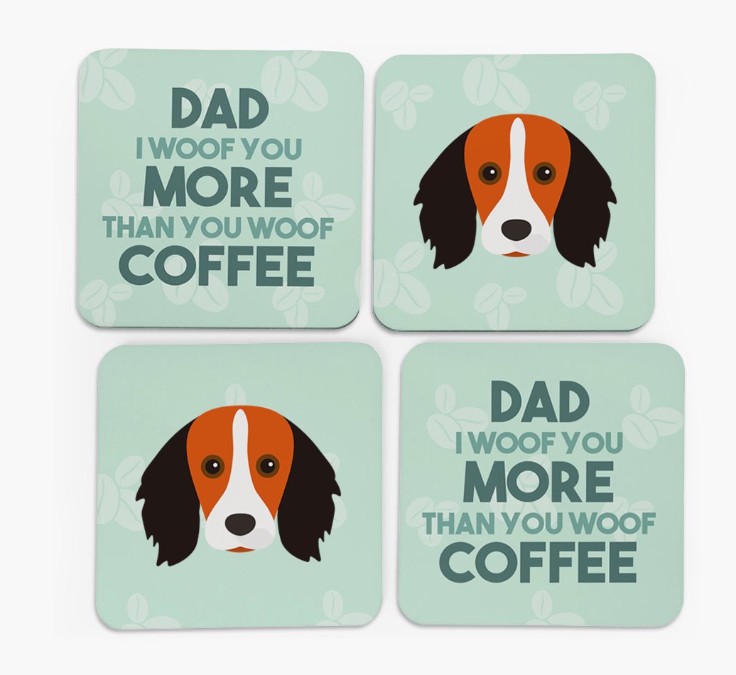 'Dad I woof you more than you woof coffee' Coasters with {breedFullName} Icon