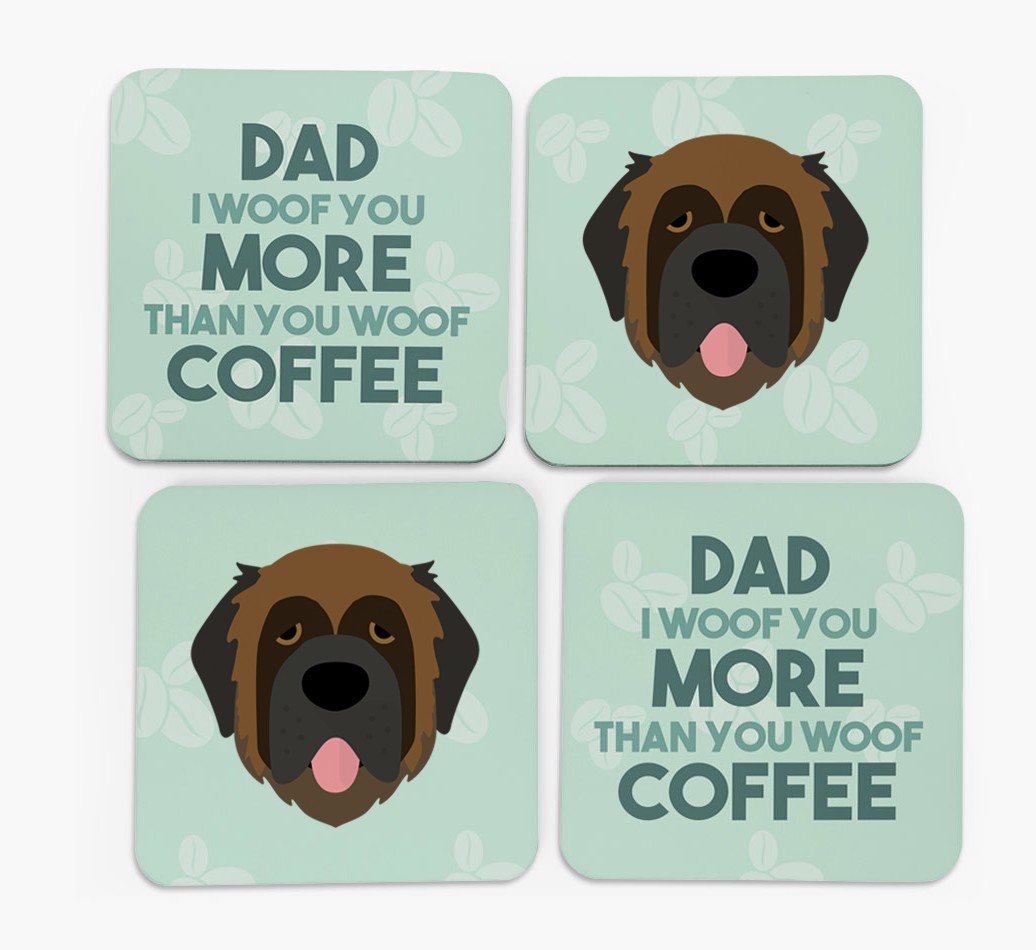 'Dad I woof you more than you woof coffee' Coasters with {breedFullName} Icon