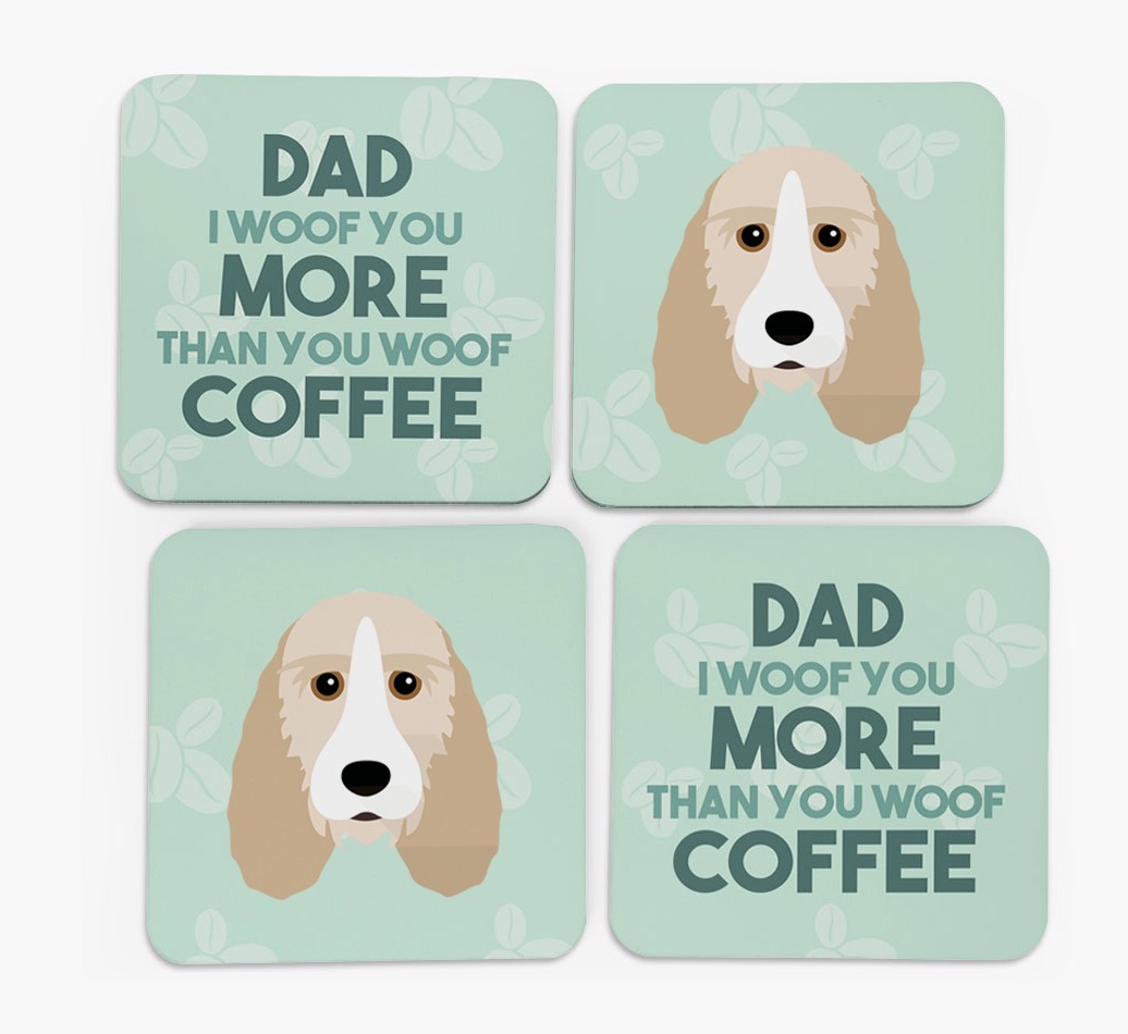 'Dad I woof you more than you woof coffee' Coasters with {breedFullName} Icon