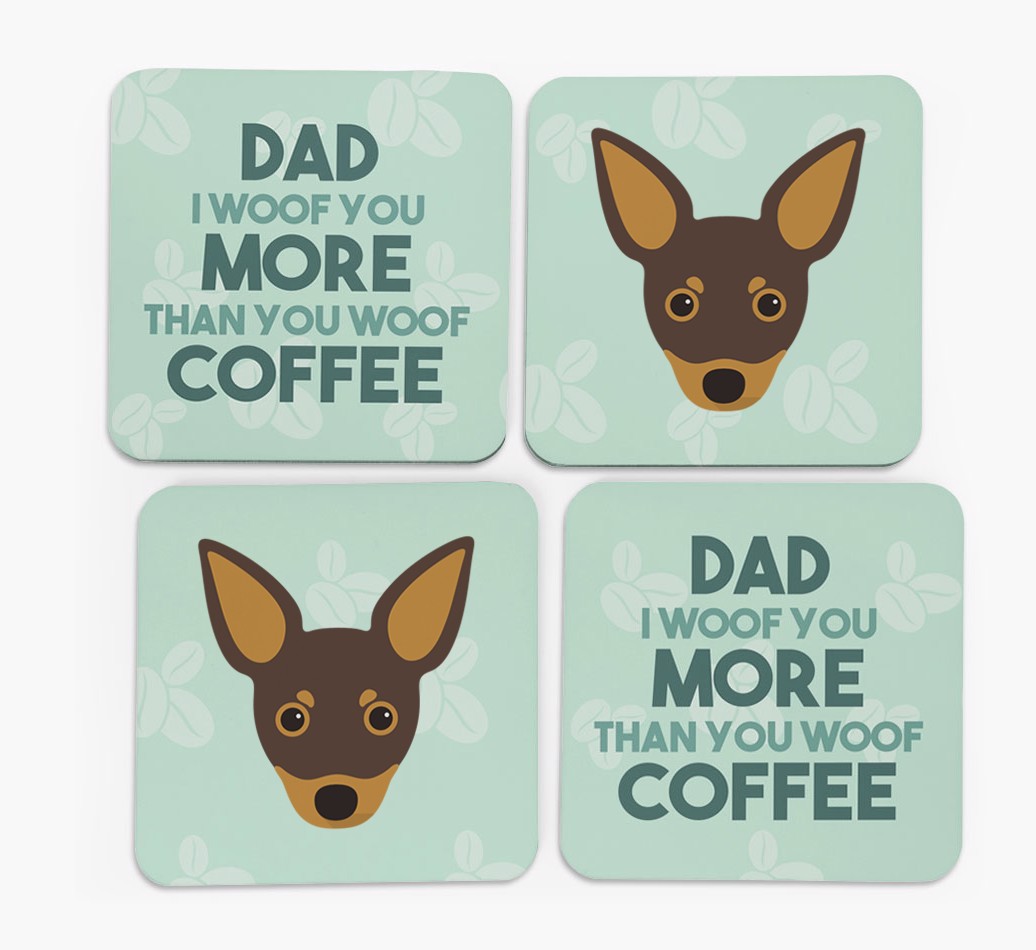 'Dad I woof you more than you woof coffee' Coasters with {breedFullName} Icon