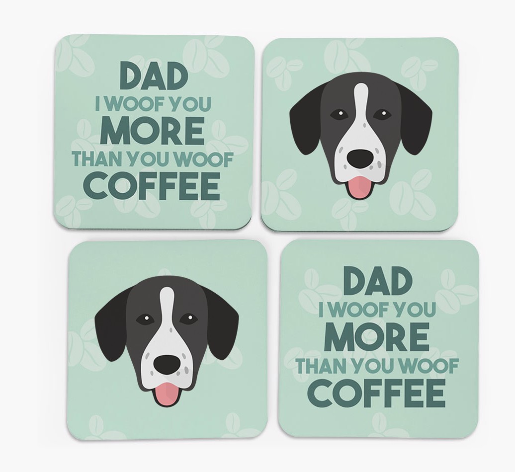 'Dad I woof you more than you woof coffee' Coasters with {breedFullName} Icon