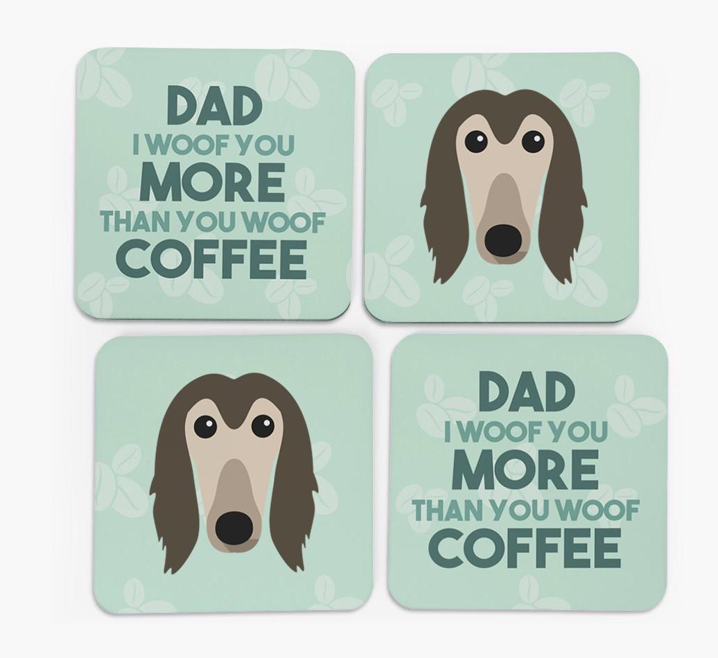'Dad I woof you more than you woof coffee' Coasters with {breedFullName} Icon