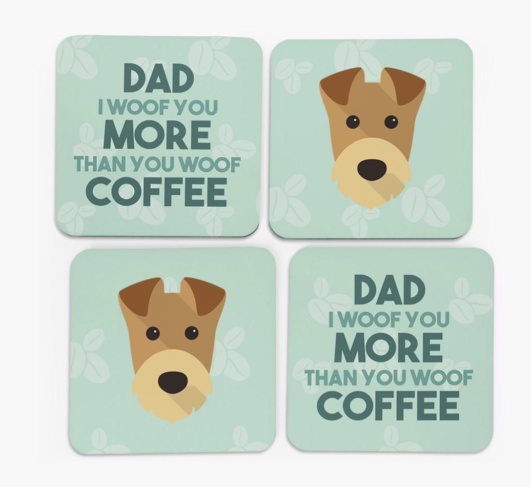 'Dad I woof you more than you woof coffee' Coasters with {breedFullName} Icon