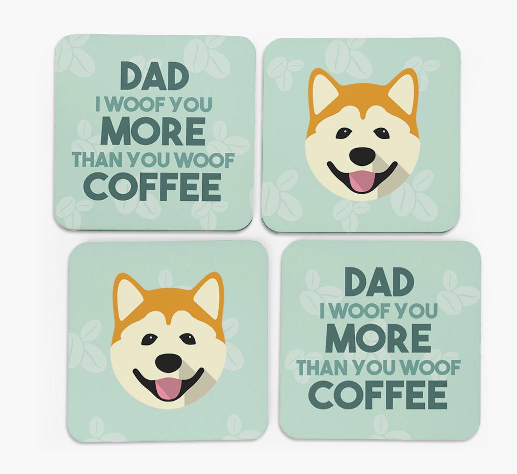 'Dad I woof you more than you woof coffee' Coasters with {breedFullName} Icon
