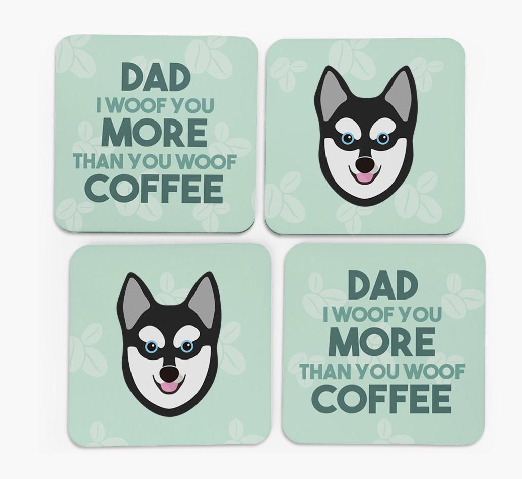 'Dad I woof you more than you woof coffee' Coasters with {breedFullName} Icon