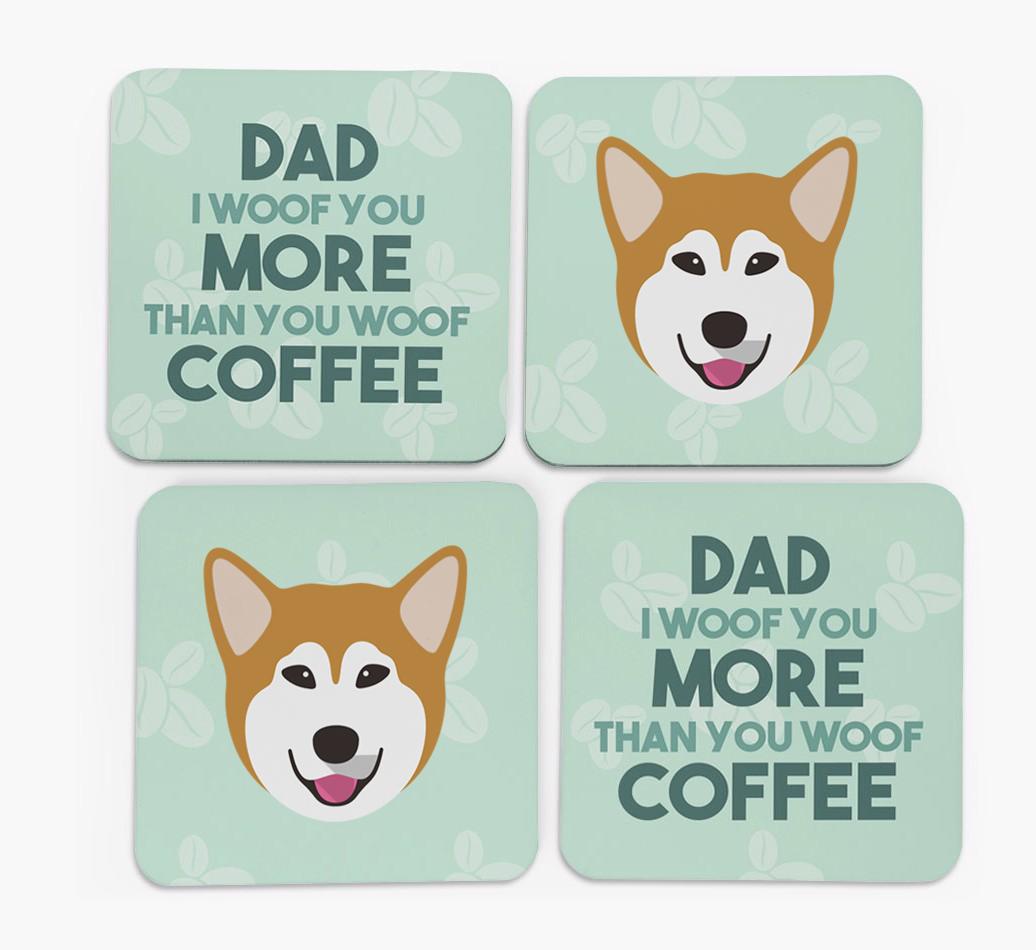 'Dad I woof you more than you woof coffee' Coasters with {breedFullName} Icon