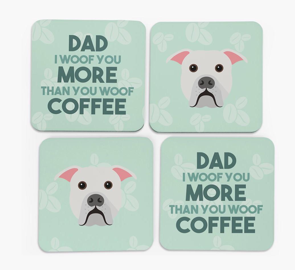 'Dad I woof you more than you woof coffee' Coasters with {breedFullName} Icon