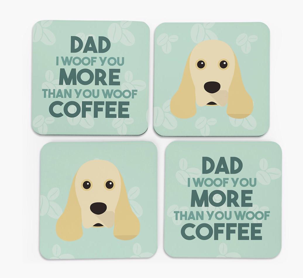 'Dad I woof you more than you woof coffee' Coasters with {breedFullName} Icon