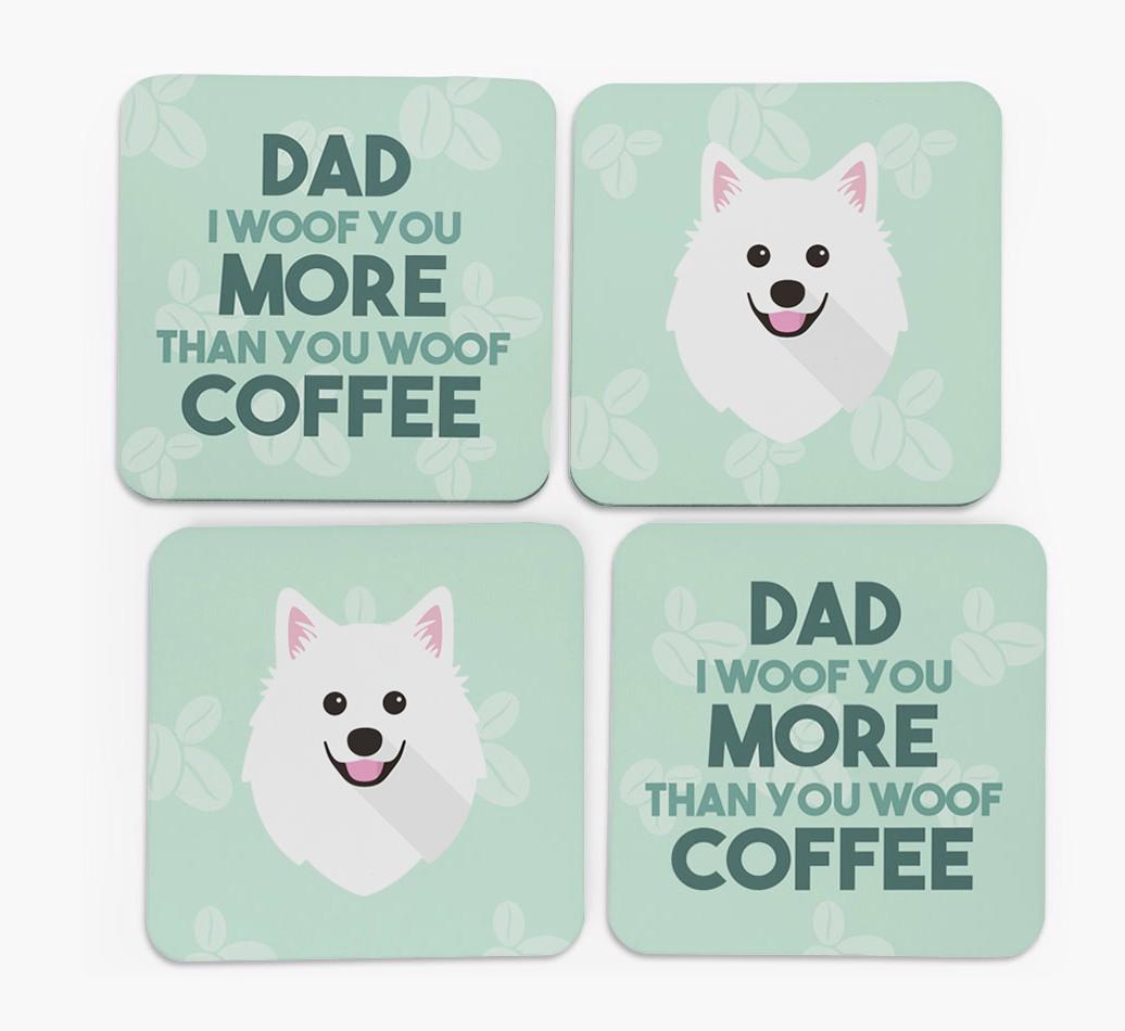 'Dad I woof you more than you woof coffee' Coasters with {breedFullName} Icon
