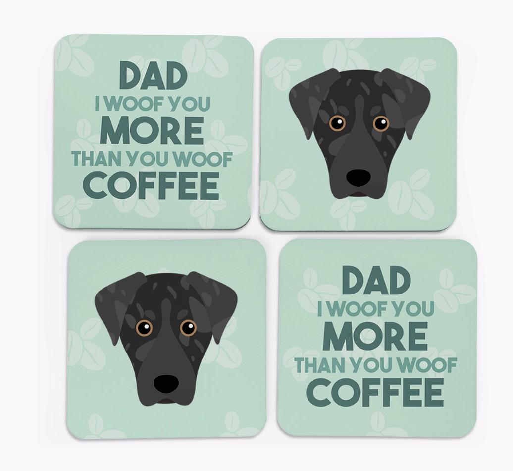 'Dad I woof you more than you woof coffee' Coasters with {breedFullName} Icon