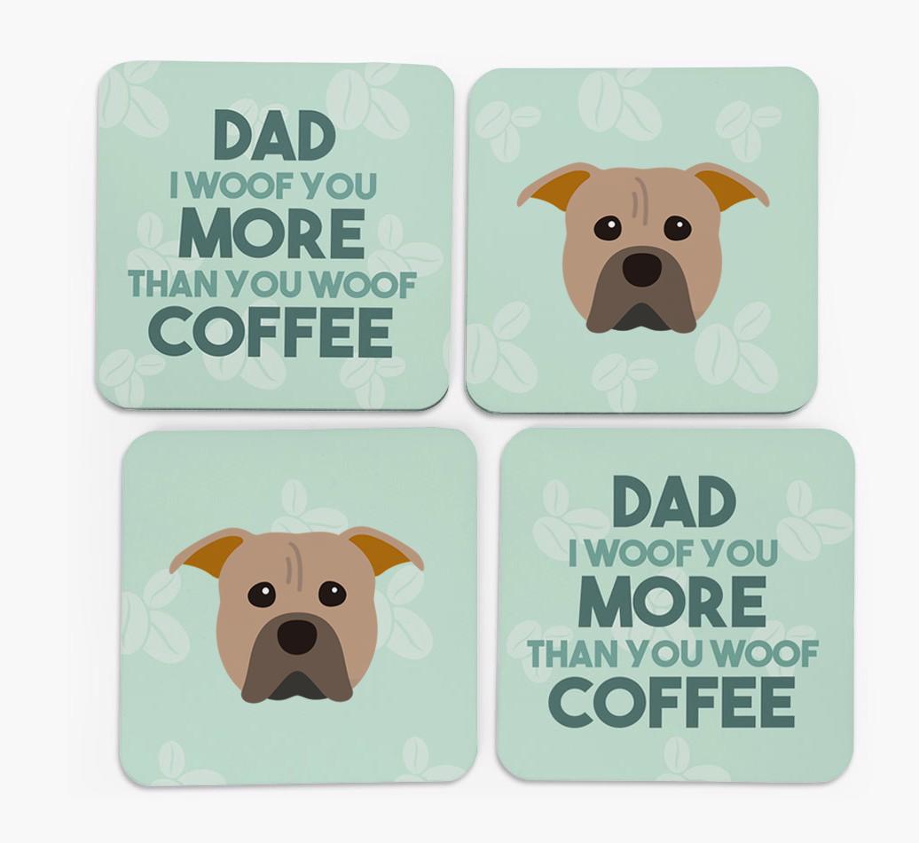 'Dad I woof you more than you woof coffee' Coasters with {breedFullName} Icon
